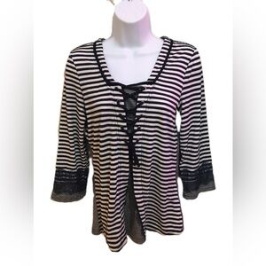 Blue and White Fitted Blouse with Sailor Collar and Tie Front